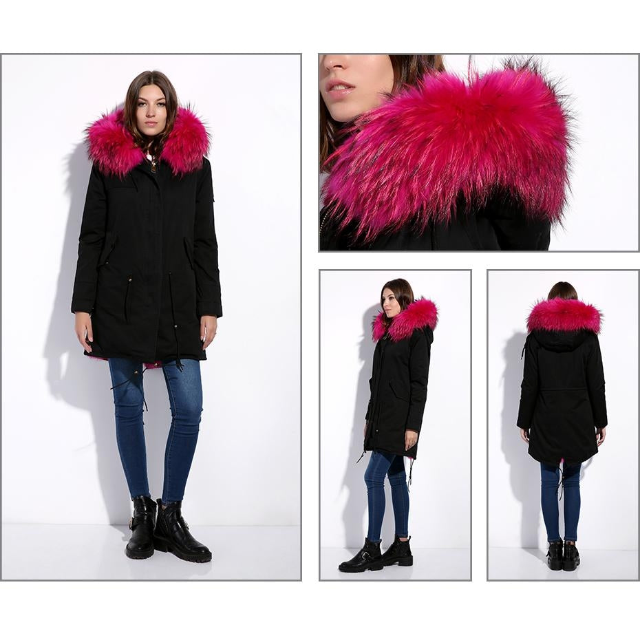 Black parka with 2025 pink fur hood