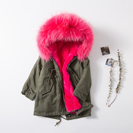 Kids Green Parka Hot Pink Fur Pomkin